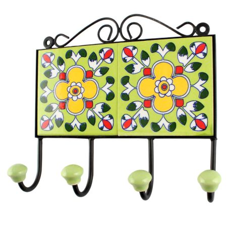 Pea Green Ceramic Floral Tile Wall Hook Online
